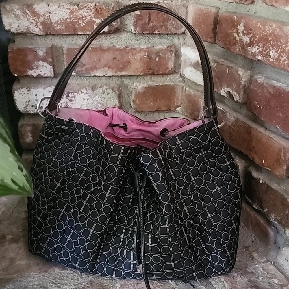 Kate Spade Vintage Quilted Nylon Bucket Hobo Bag Black Drawstring Pink Lining